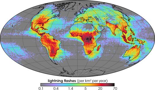 Exhibit 1. NASA, global_lightning average, 1995-2002 Exhibit 1. NASA Global Lightning Average 1995-2002. Image source: NASA