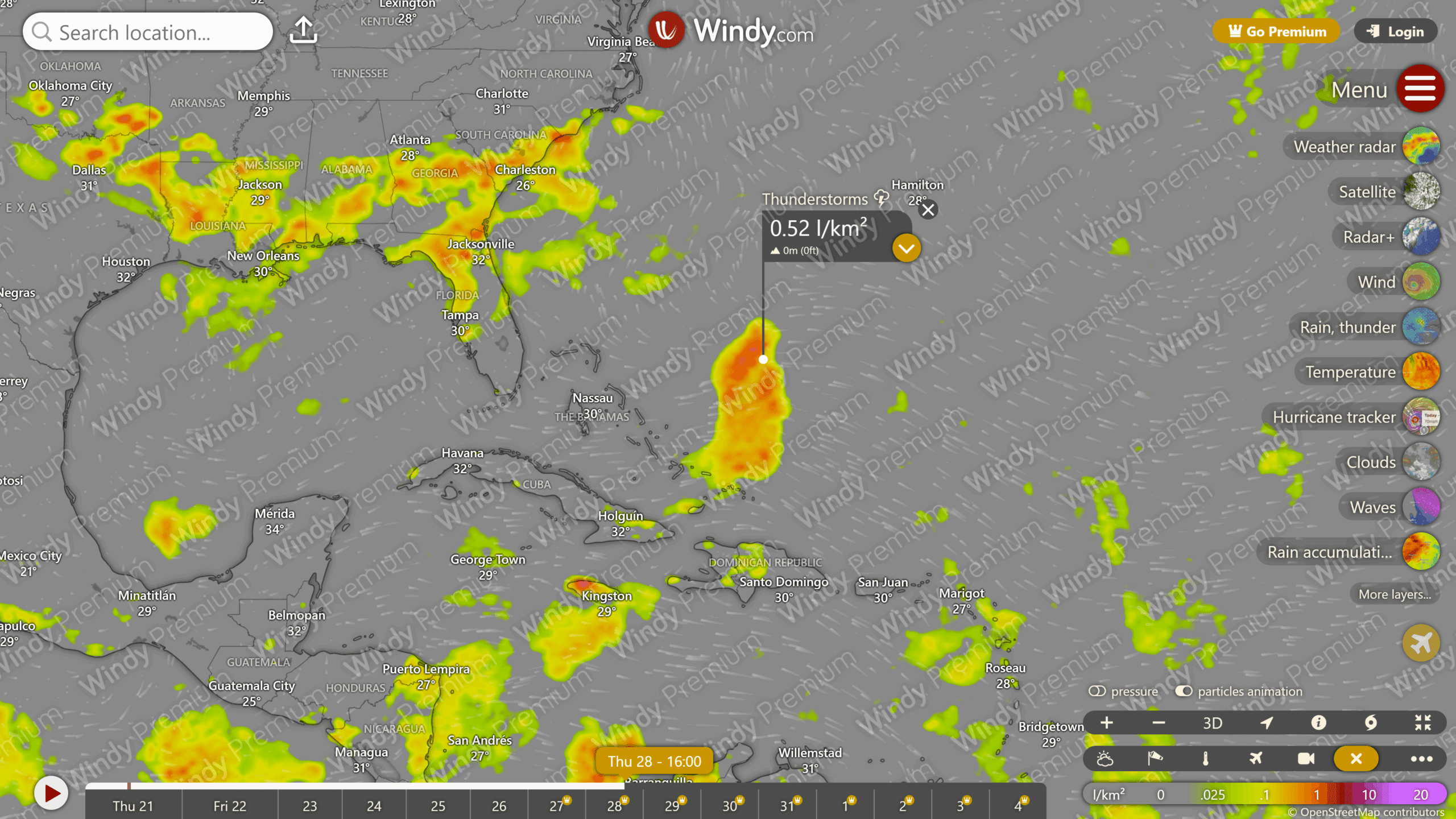 Exhibit 2. Windy lightning forecast for the Caribbean for 28 August 2025 (forecast August 21). Image source: Windy