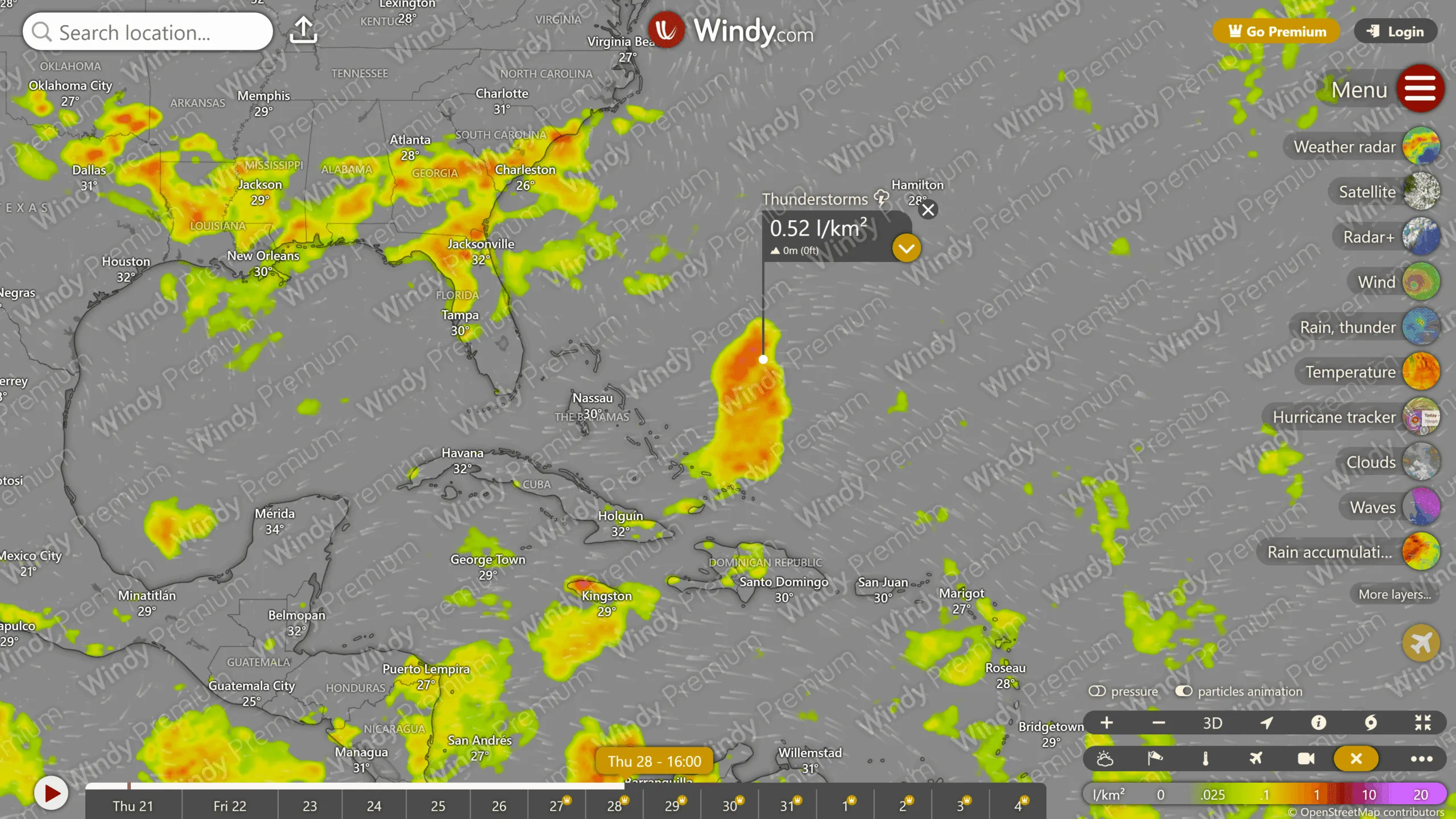 Exhibit 2. Windy lightning forecast for the Caribbean for 28 August 2025 (forecast August 21). Image source: Windy