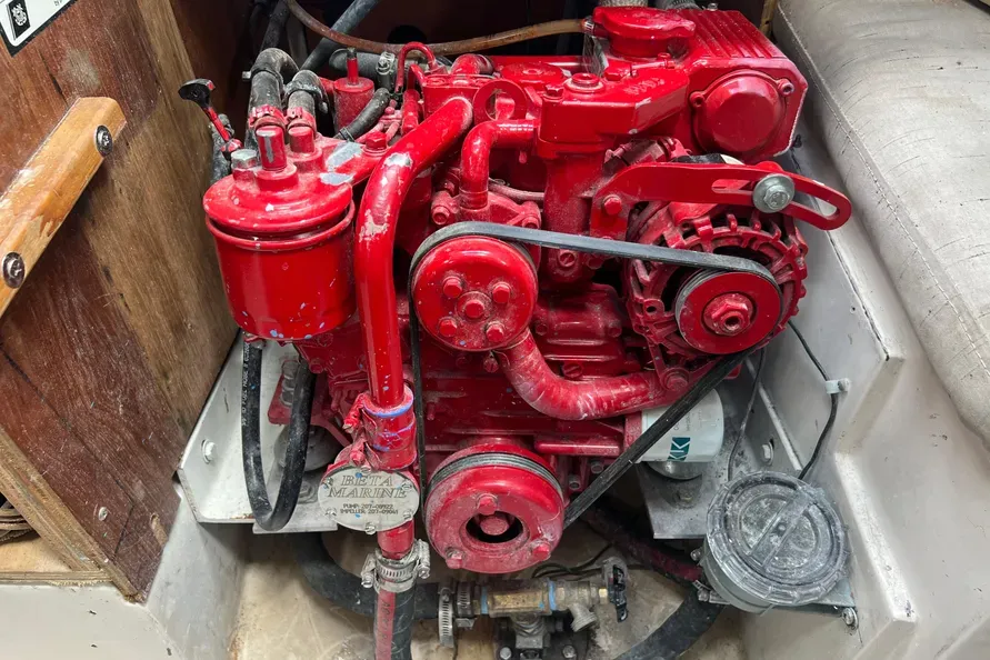 Engine access is straightforward via the removable companionway ladder, making basic maintenance less of a chore. This owner decided to repower with a 12-hp Beta Marine. Courtesy of BoatTrader.com