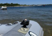 Navisafe light mounted in the company's proprietary mount on a dinghy. (Photo/ Todd Vorenkamp)