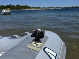 Navisafe light mounted in the company's proprietary mount on a dinghy. (Photo/ Todd Vorenkamp)
