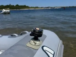 Navisafe light mounted in the company's proprietary mount on a dinghy. (Photo/ Todd Vorenkamp)