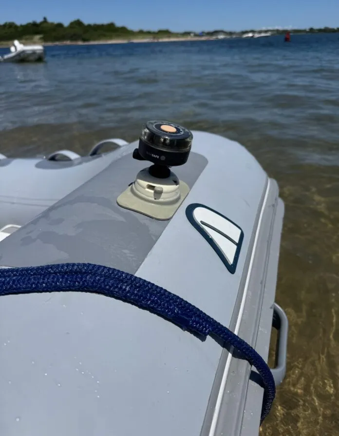 Navisafe light mounted in the company's proprietary mount on a dinghy. (Photo/ Todd Vorenkamp)
