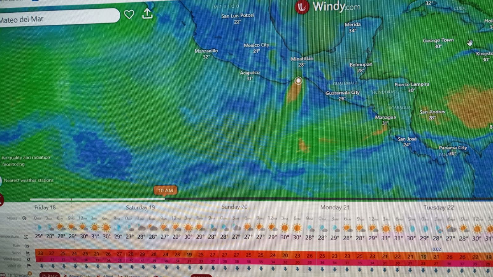 Typical weather patterns indicating a strong T-Pec posted on Windy.com. Note the strong 35-knot wind gusts which are consistent across the Gulf in these conditions. (Image/ Pamela Bendall)