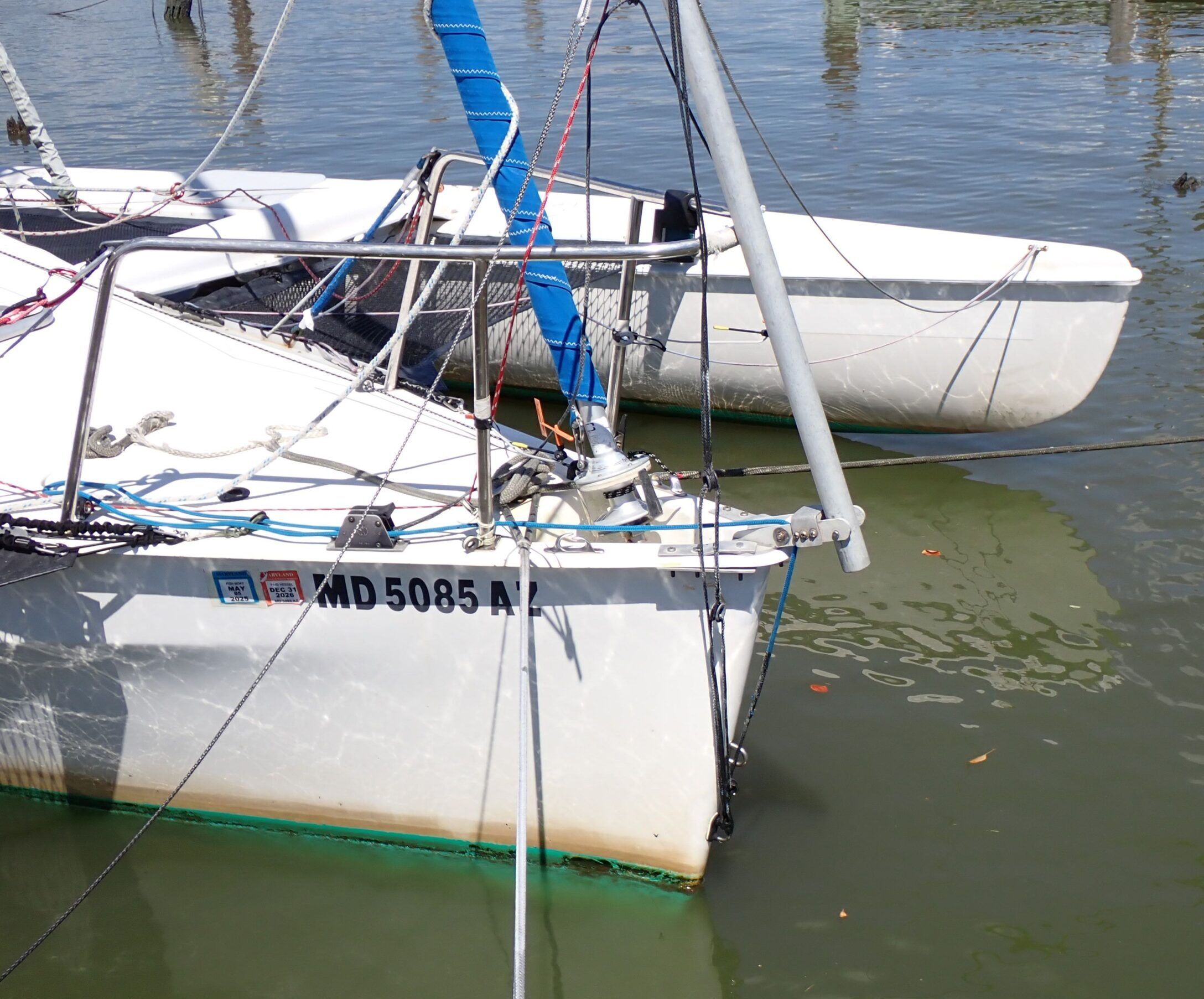 The bow and port ama after a 3-hour sail in fun conditions that knocked off some slime. Only three barnacles. (Photo/ Drew Frye)