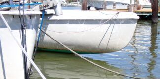 Krypton paint worn away on the bow at the waterline. On the plus side, this means there will be no build up that will need to be sanded off. Next time, we’ll give this area a few more coats. (Photo/ Drew Frye)