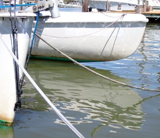 Krypton paint worn away on the bow at the waterline. On the plus side, this means there will be no build up that will need to be sanded off. Next time, we’ll give this area a few more coats. (Photo/ Drew Frye)