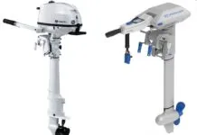 The 6-hp Tohatsu SailPro, left, weighs 60 lb. and costs about $1,900. A 3-gallon gas tank, when filled, adds about 22 lb. Add to total cost the ongoing expense of fuel, oil and maintenance. The 6- hp/3000 input-watt ePropulsion Navy 3.0, right, weighs 54 lb. and costs about $6,100 including the recommended 73-lb., 48 volt/3072 watt hour E60 battery and a 25-amp charger that can top up the battery in four hours. Electric outboards are much quieter than gas models and don’t emit exhaust, but you will have to replace the expensive battery within 10 years. Prices found online in August 2025. (Photos courtesy of Tohatsu and ePropulsion)