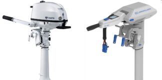 The 6-hp Tohatsu SailPro, left, weighs 60 lb. and costs about $1,900. A 3-gallon gas tank, when filled, adds about 22 lb. Add to total cost the ongoing expense of fuel, oil and maintenance. The 6- hp/3000 input-watt ePropulsion Navy 3.0, right, weighs 54 lb. and costs about $6,100 including the recommended 73-lb., 48 volt/3072 watt hour E60 battery and a 25-amp charger that can top up the battery in four hours. Electric outboards are much quieter than gas models and don’t emit exhaust, but you will have to replace the expensive battery within 10 years. Prices found online in August 2025. (Photos courtesy of Tohatsu and ePropulsion)