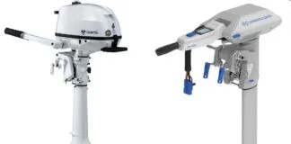 The 6-hp Tohatsu SailPro, left, weighs 60 lb. and costs about $1,900. A 3-gallon gas tank, when filled, adds about 22 lb. Add to total cost the ongoing expense of fuel, oil and maintenance. The 6- hp/3000 input-watt ePropulsion Navy 3.0, right, weighs 54 lb. and costs about $6,100 including the recommended 73-lb., 48 volt/3072 watt hour E60 battery and a 25-amp charger that can top up the battery in four hours. Electric outboards are much quieter than gas models and don’t emit exhaust, but you will have to replace the expensive battery within 10 years. Prices found online in August 2025. (Photos courtesy of Tohatsu and ePropulsion)