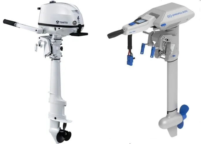 The 6-hp Tohatsu SailPro, left, weighs 60 lb. and costs about $1,900. A 3-gallon gas tank, when filled, adds about 22 lb. Add to total cost the ongoing expense of fuel, oil and maintenance. The 6- hp/3000 input-watt ePropulsion Navy 3.0, right, weighs 54 lb. and costs about $6,100 including the recommended 73-lb., 48 volt/3072 watt hour E60 battery and a 25-amp charger that can top up the battery in four hours. Electric outboards are much quieter than gas models and don’t emit exhaust, but you will have to replace the expensive battery within 10 years. Prices found online in August 2025. (Photos courtesy of Tohatsu and ePropulsion)