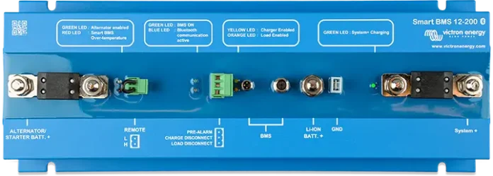 The Victron Smart BMS 12/200 is designed to work with Victron Lithium-Iron-Phosphate (LiFePO4) Smart Batteries in a 12 V system.