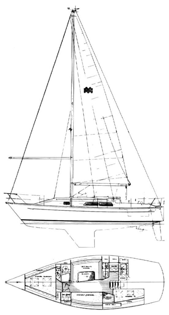 Perry's efficient fin-and-spade configuration, with moderate beam-to-length ratio, contributes to the boat's reputation for balanced helm feel and predictable handling characteristics. Image courtesy of SailboatData.com