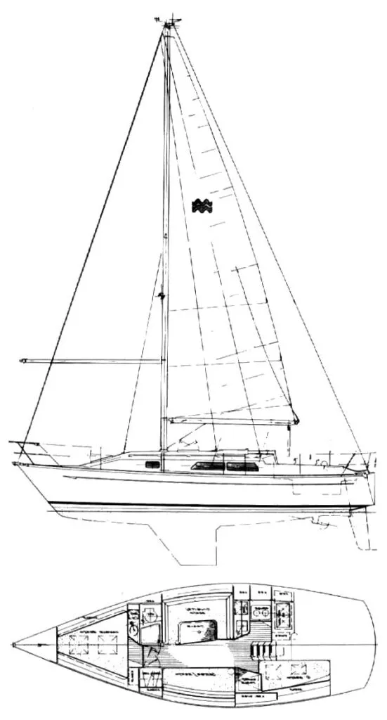 Perry's efficient fin-and-spade configuration, with moderate beam-to-length ratio, contributes to the boat's reputation for balanced helm feel and predictable handling characteristics. Image courtesy of SailboatData.com