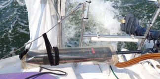 This no-sew tiller pilot cover is made from a recycled dodger window. (Photo/ Drew Frye)