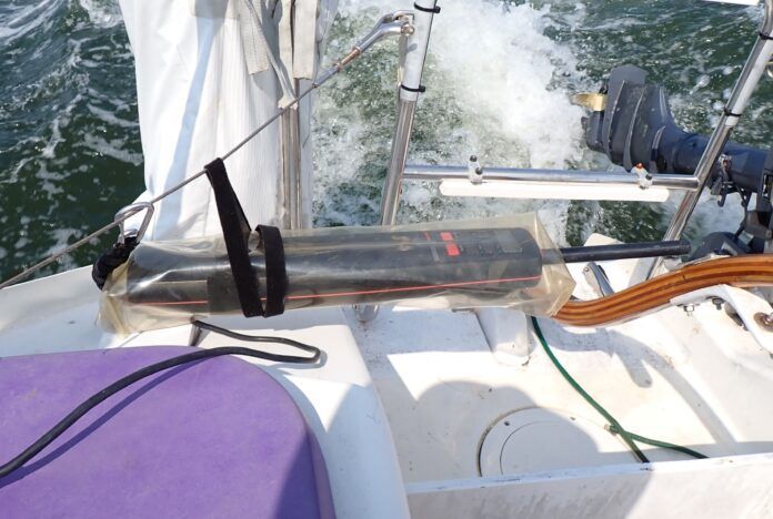 This no-sew tiller pilot cover is made from a recycled dodger window. (Photo/ Drew Frye)