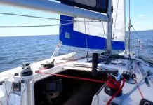 Winch feeder in service, shaking out a reef. (Photo/ Drew Frye)