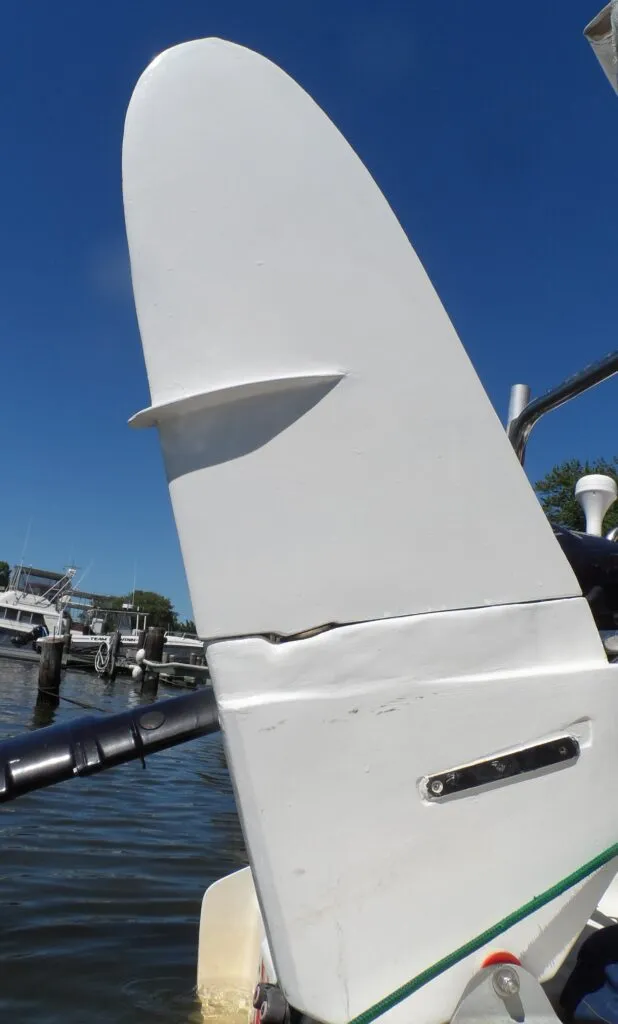 Rudder anti-ventilation plate and reduced gap. This boat was prone to rudder ventilation above about 12 knots. Adding a plate and reducing the gap improved control. (Photo/ Drew Frye)
