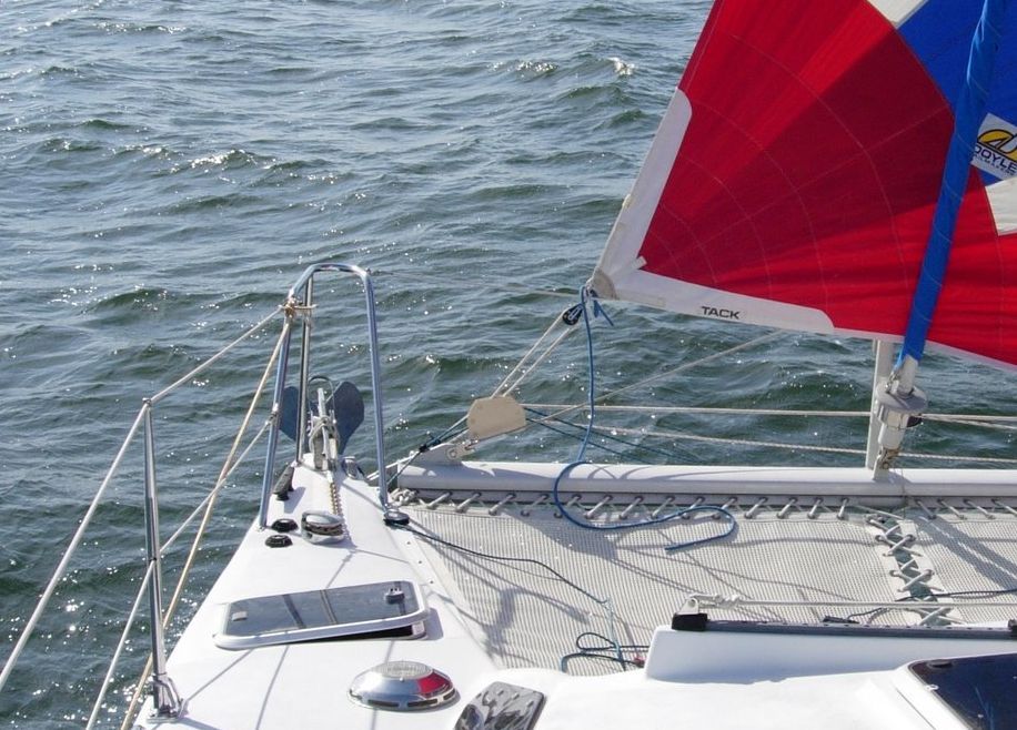 Spinnaker traveler block was a failure. In this case a minimalist bridle was lighter, simpler, and provided a wider range of a adjustment. (Photo/ Drew Frye)