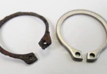 Non-stainless hardware. The PO of the F-24 substituted a number of non-stainless circlips just before the survey. Because they were not rusted they were missed, very nearly totaling the boat. Fortunately, we caught them during inspection when we hauled to paint the bottom. (Photo/ Drew Frye)