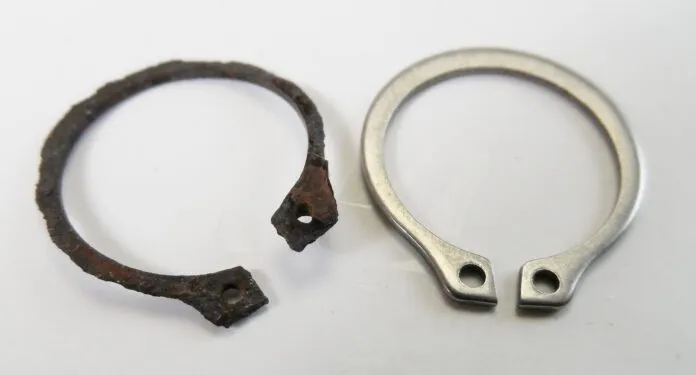 Non-stainless hardware. The PO of the F-24 substituted a number of non-stainless circlips just before the survey. Because they were not rusted they were missed, very nearly totaling the boat. Fortunately, we caught them during inspection when we hauled to paint the bottom. (Photo/ Drew Frye)