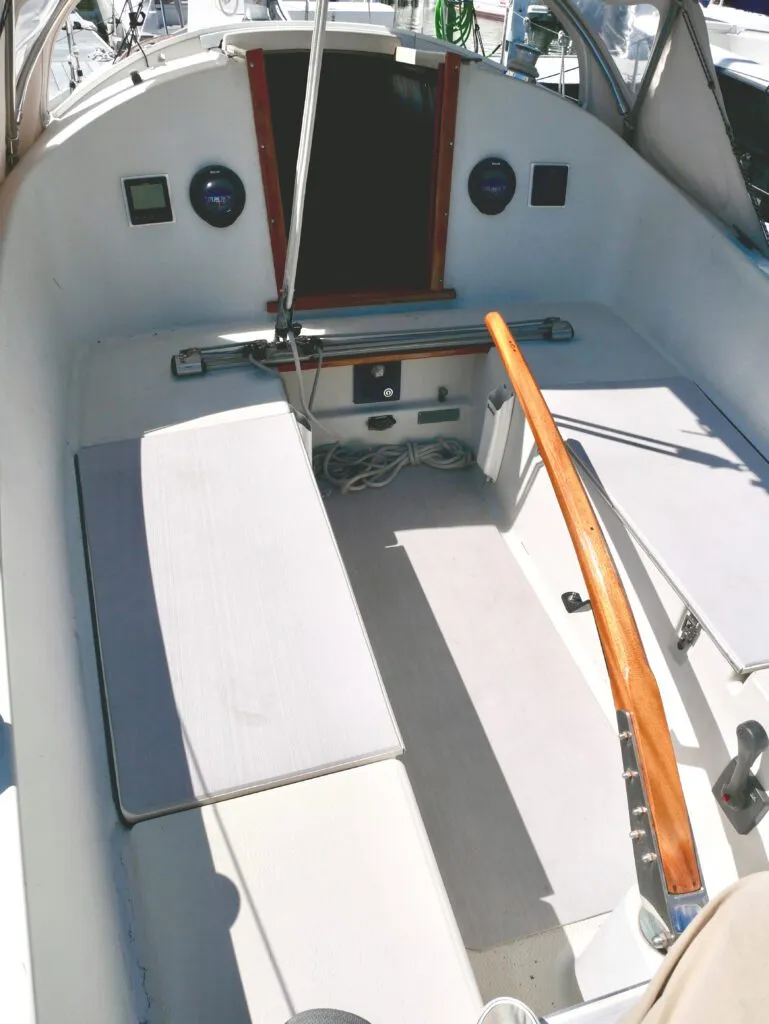 The Ballad cockpit accommodates four adults comfortably and gives the helmsman a protected position just behind the companionway. (Photo/ Doug Henschen)