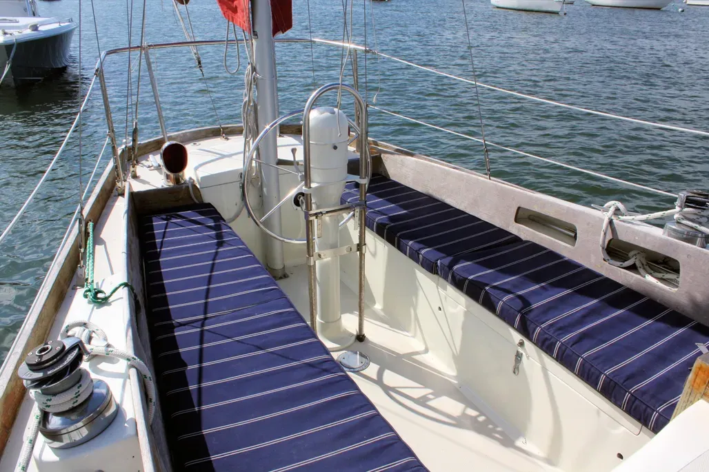 The Bristol 40's spacious cockpit features 7-ft.-long seats and a narrow well that allows crew to brace their feet—essential on this relatively tippy boat. Courtesy of YachtWorld.com