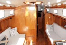 Bristol's mahogany interior provides a lighter, brighter alternative to traditional teak joinery. The built-up construction allowed multiple layout options during the 20-year production run. Courtesy of YachtWorld.com