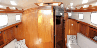 Bristol's mahogany interior provides a lighter, brighter alternative to traditional teak joinery. The built-up construction allowed multiple layout options during the 20-year production run. Courtesy of YachtWorld.com