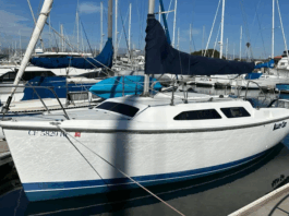 The Catalina 250 has a wide, 8.5-ft. beam and shallow underbody characteristic of water-ballasted trailerable cruisers from the mid-1990s. With ballast drained, the boat weighs 2,400 lb. dry, making it towable by large cars and SUVs when properly equipped. Courtesy of BoatTrader.com