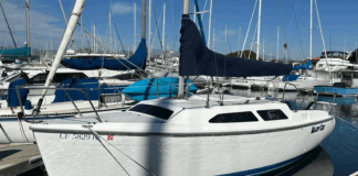 The Catalina 250 has a wide, 8.5-ft. beam and shallow underbody characteristic of water-ballasted trailerable cruisers from the mid-1990s. With ballast drained, the boat weighs 2,400 lb. dry, making it towable by large cars and SUVs when properly equipped. Courtesy of BoatTrader.com