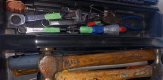 Color-coded tools. Red tools are used for the fuel system, blue for alternator, yellow for rigging, and so on. If a tool has several applications then it will have all the colors for each system. (Photo/ Pamela Bendall)