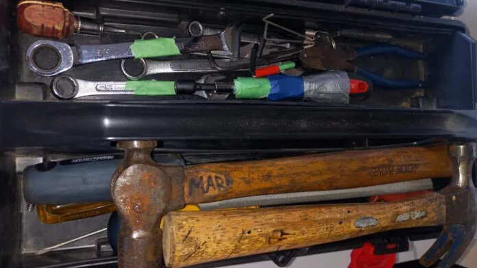 Colour-Coded Tools Color-coded tools. Red tools are used for the fuel system, blue for alternator, yellow for rigging, and so on. If a tool has several applications then it will have all the colors for each system. (Photo/ Pamela Bendall)