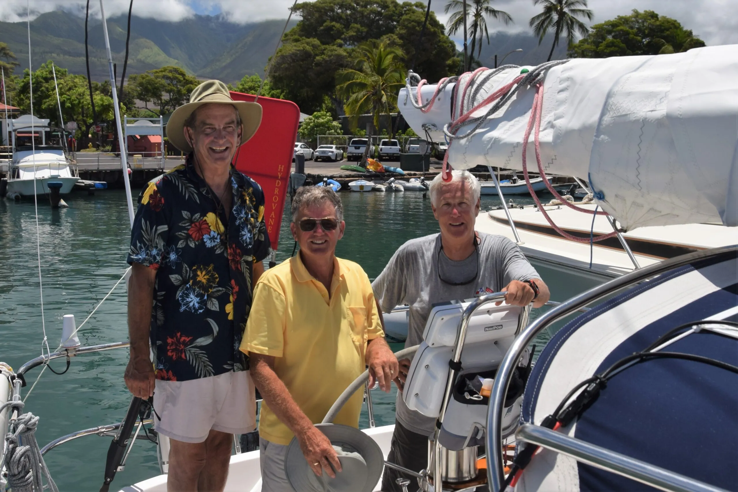 Lahaina Harbor, day of departure. Rick Wunderlich, author Bert Vermeer and Skipper Chris Read. (Photo/ Bert Vermeer)