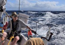 Skipper Chris Read at the helm, going to weather just north of Maui. (Photo/ Bert Vermeer)