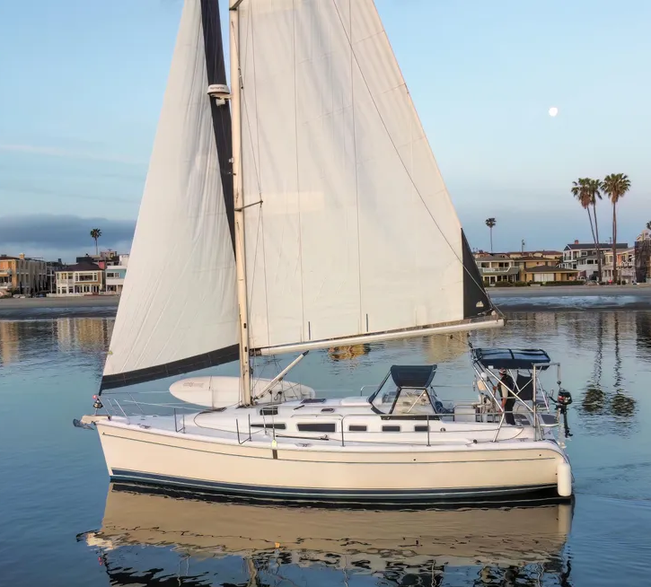 The racy bow features a fine entry and compact foretriangle with the mast positioned well aft. The J measurement of just 12 ft. 1 in. reflects designer Glenn Henderson's preference for a large mainsail over a big headsail. Courtesy of YachtWorld.com