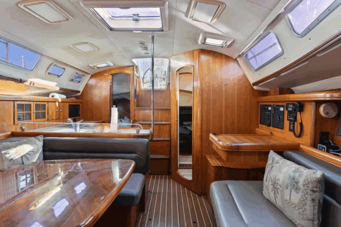 The main saloon offers 6-ft. 6-in. headroom with teak cabinetry, solid wood handrails, and settees that seat six around a 36-in. x 42-in. dining table. The low-maintenance Everwear laminate sole replaced traditional teak and holly. Courtesy of YachtWorld.com