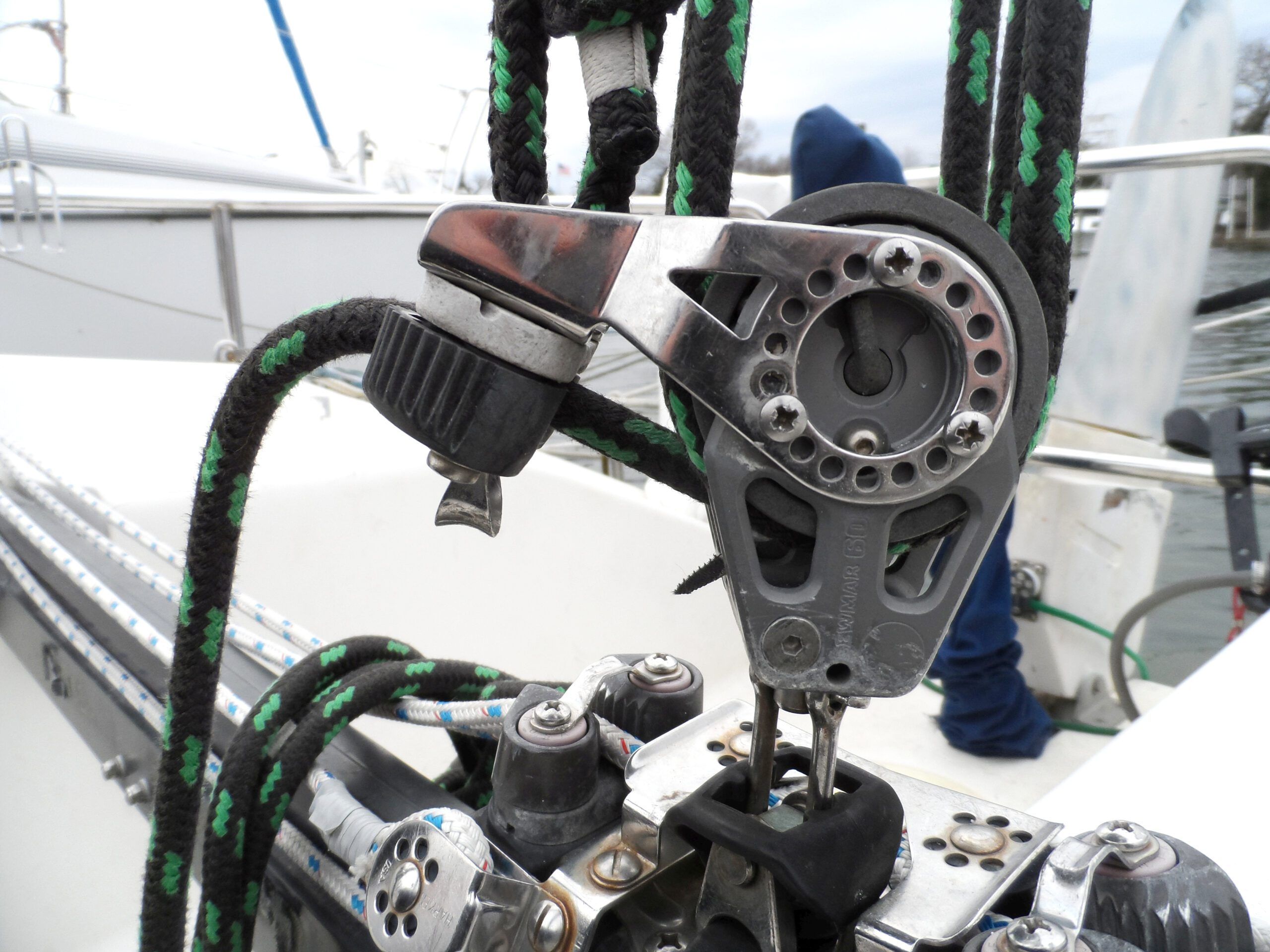 The release angle on this lewmar pulley is adjusted with six screws. Note it has been changed. (Photo/ Drew Frye)