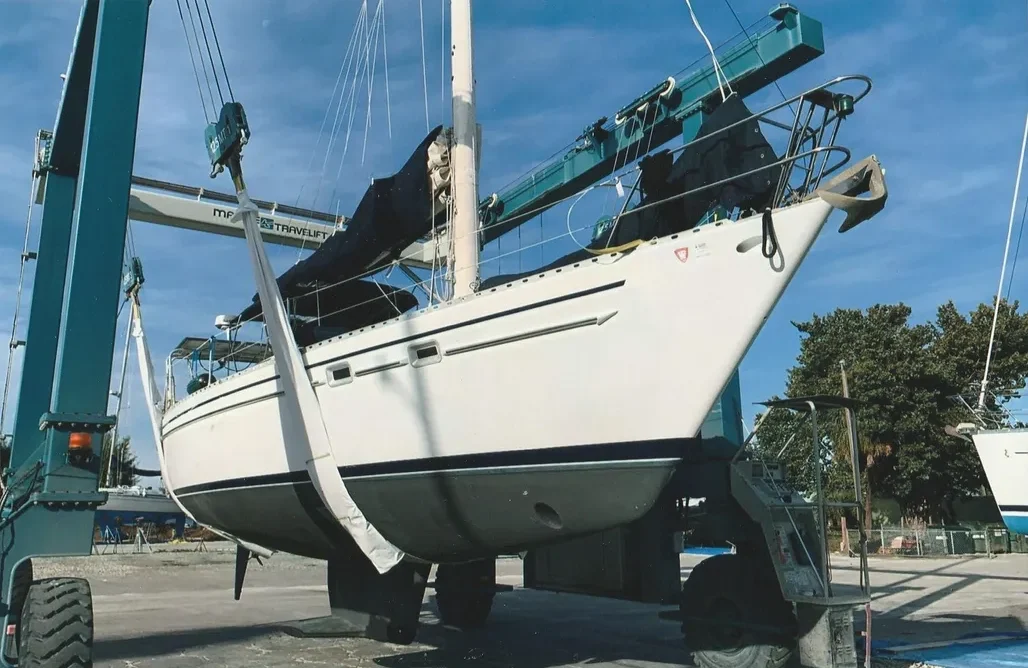 Tillotson Pearson's fiberglass construction features balsa-cored decks bonded to a solid hand-laid hull using through-bolted overlapping hull-to-deck joints, a robust ocean-going method that resists the flexing and stress caused by rolling and pitching in rough seas. Photo courtesy of YachtWorld.com