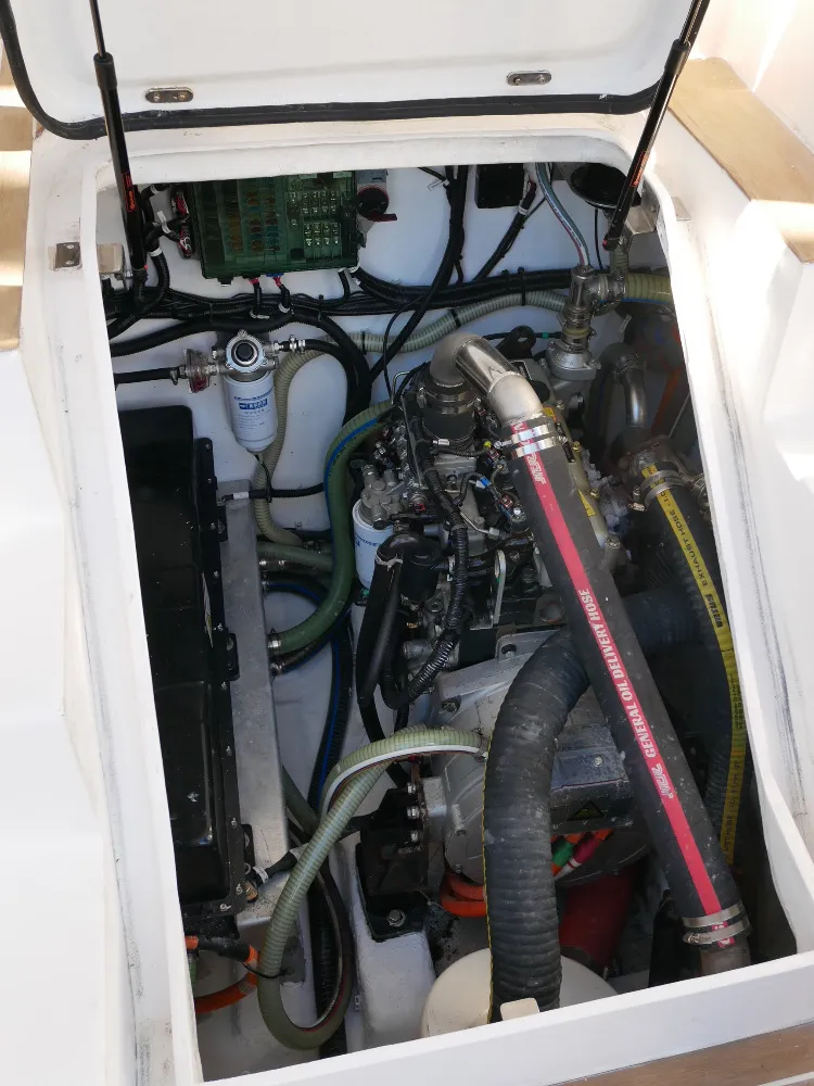 The hybrid boat’s 50 kW Yanmar-powered generator recharges 210 kW hours of battery capacity that powers two 65 kW shaft drive electric inboards. (Photo/ Doug Henschen)