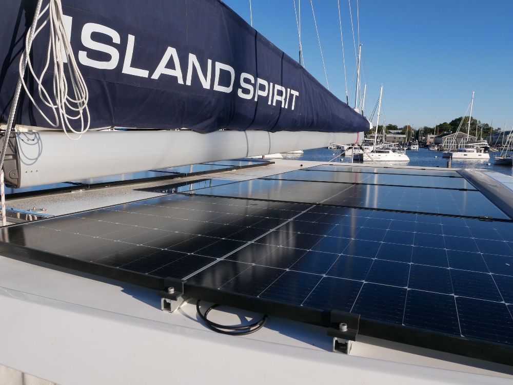 The Island Spirit 525e can be fitted with up to 4.9 kW of solar panels, installed both behind the bridge deck and atop the bridge deck roof. (Photo/ Doug Henschen)