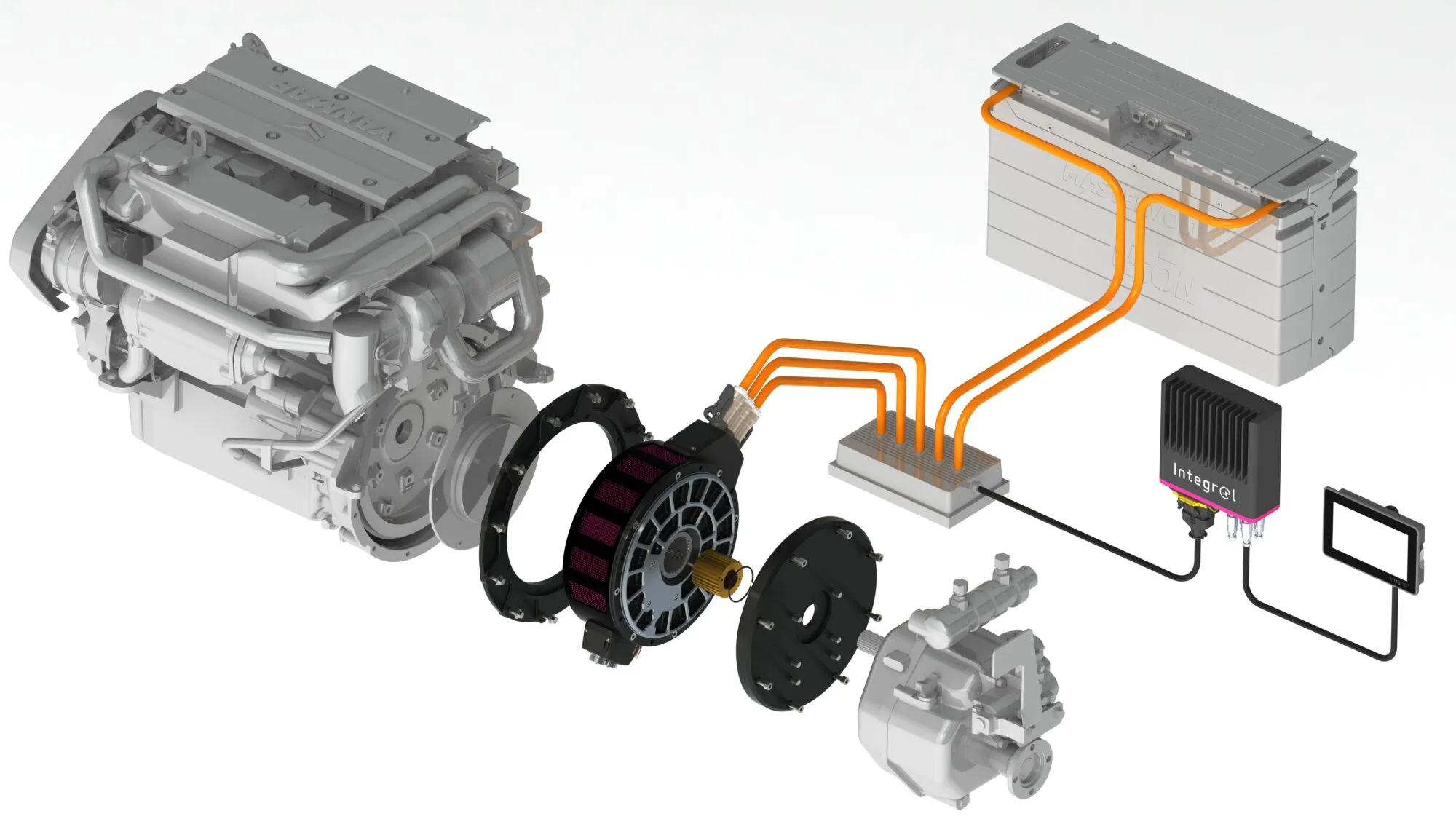 Integrel Solution’s E-Drive system installs between a conventional diesel and either a shaft drive or saildrive transmission. The combined motor/generator (shown in black) can quietly drive the boat under battery power while also recharging battery banks, through a “smart” energy management system, when using diesel power. (Photo/ Integrel Solutions)