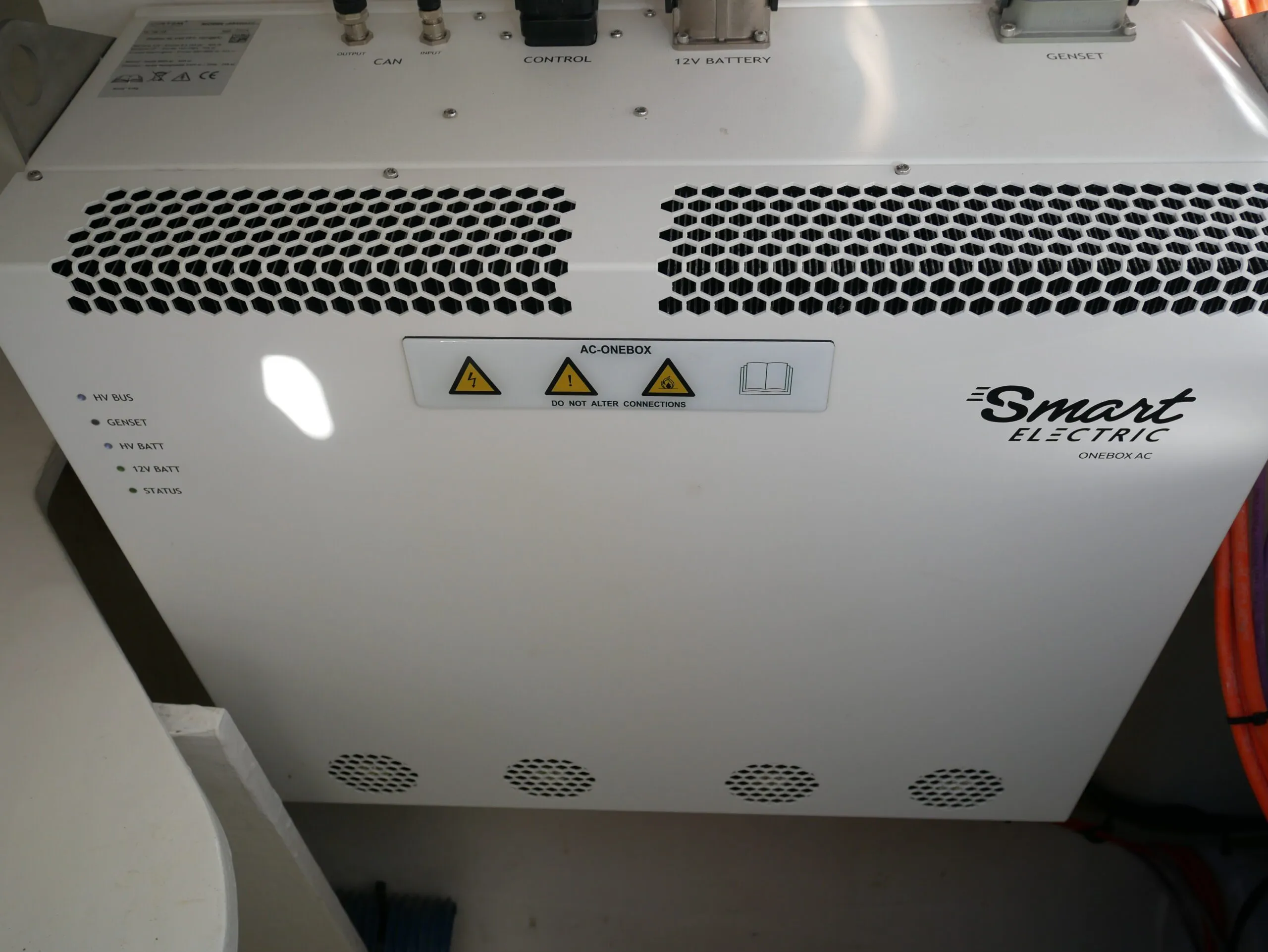 Joool’s “OneBox” handles power inputs, including the generator and solar panels, as well as conversion of power for propulsion and house loads, such as air conditioning, induction stove tops, microwave ovens and lighting. (Photo/ Doug Henschen)