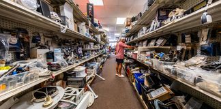 The author's 13-year-old Garmin GMR 18 HD radar served faithfully before failing early in the New England boating season, prompting a search through the secondhand marine electronics market for a compatible replacement. These are the stocked aisles at Marine Consignment of Wickford, Rhode Island. (Photo/ Todd Vorenkamp)