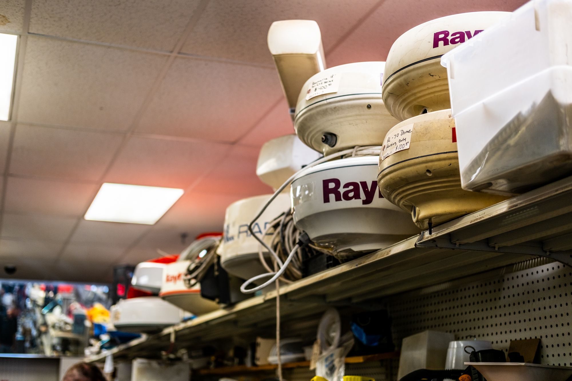 When a piece of equipment fails, sailors have to decide whether to replace it immediately, delay the repair or forego replacement altogether depending on how critical the part is. These are secondhand radars up for grabs at Marine Consignment of Wickford. (Photo/ Todd Vorenkamp)