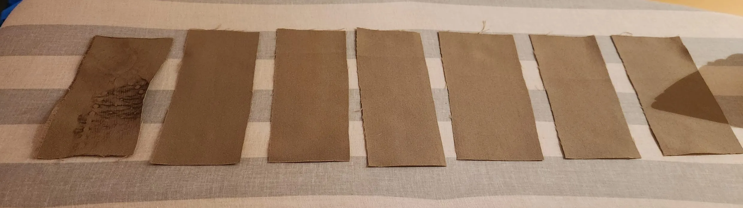 I cut 7 pieces of leftover Sunbrella fabric. Each one is labeled so I can document the process for each piece. (Photo/ Marc Robic)