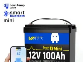 The author’s choice: A single 12V 100Ah WattCycle LFP battery with integrated BMS and Bluetooth. (Image/ www.ca.wattcycle.com)