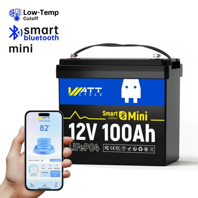 The author’s choice: A single 12V 100Ah WattCycle LFP battery with integrated BMS and Bluetooth. (Image/ www.ca.wattcycle.com)