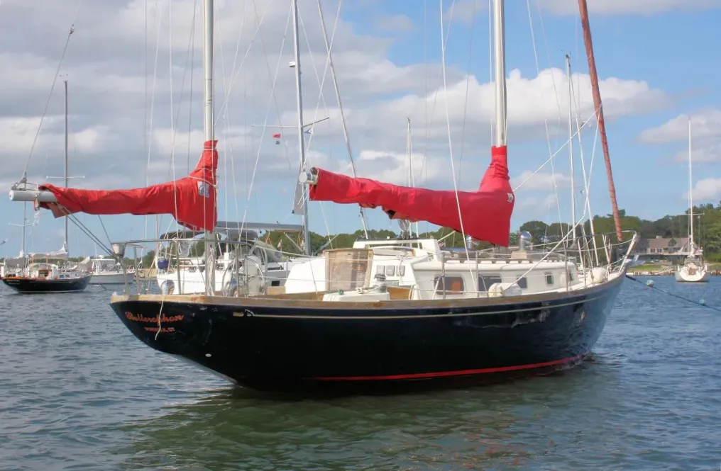 Ted Hood's design has classic proportions: long overhangs, graceful sheerline and narrow beam that defined CCA-era cruiser/racers from 1930-1970. Courtesy of YachtWorld.com